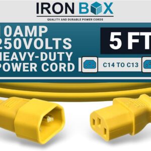 c14 to c13 power cord, yellow, 10a, 250v 5 foot length